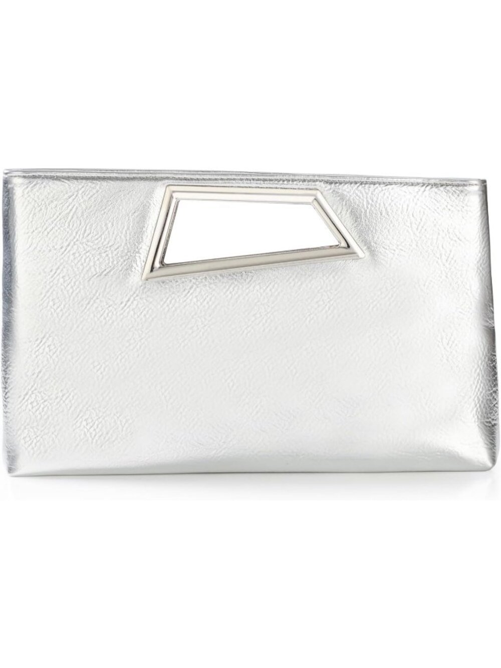Women's Silver White Pu Leather Clutch Metallic Geo Top Handle Evening Bag Party